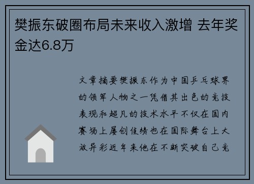 樊振东破圈布局未来收入激增 去年奖金达6.8万