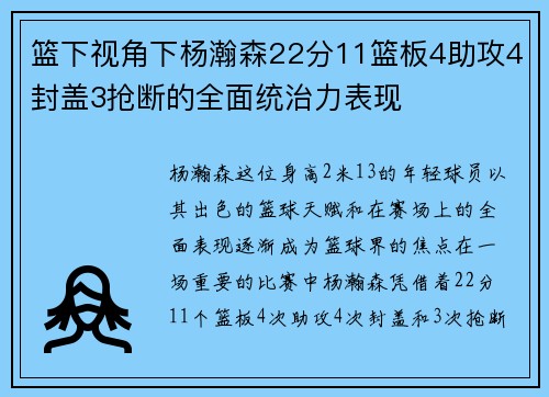 篮下视角下杨瀚森22分11篮板4助攻4封盖3抢断的全面统治力表现